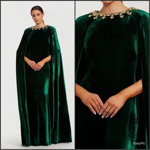 NWT Mac Duggal Dark Green Velvet Cape Gown With Embellished Neckline Size 20